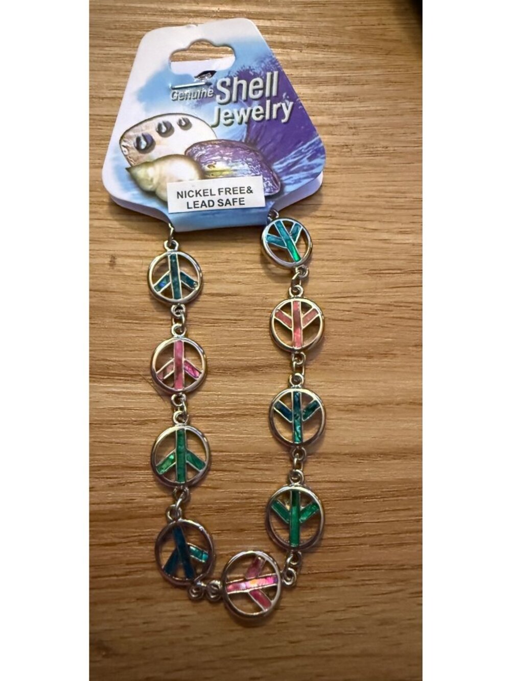 Shell Of The Sea Paua Shell Peace Sign Link Bracelet 7" Adjustable Length Silver